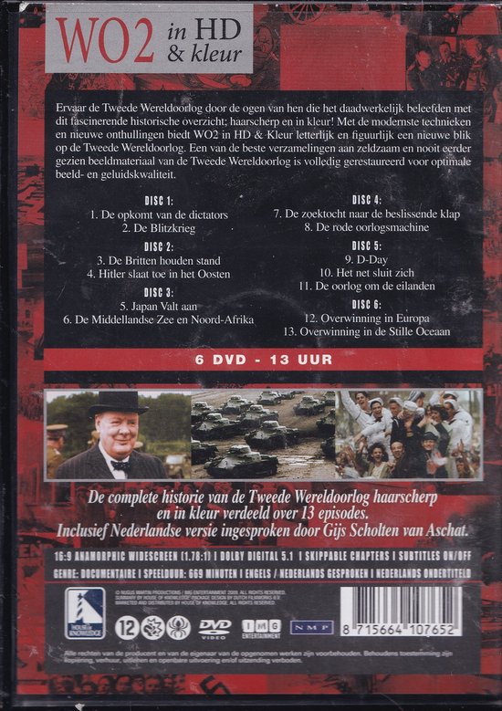 Achterkant van DVD-hoes met Churchill, tanks en soldaten. Opsomming van de 6 discs en 13 uur speelduur. Tekst: WO2 in HD & kleur.