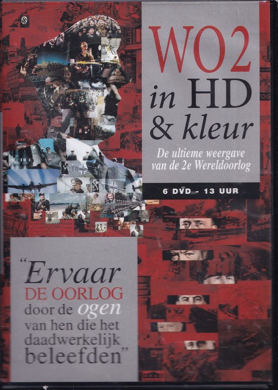 DVD-hoes met collage van WO2-beelden, inclusief soldaten en een SS-officier. Tekst: WO2 in HD & kleur.