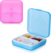 kwmobile 2 pillendoosjes met 4 vakken - Medicijndoosje blauw / roze semi-transparant 6,5 x 6,5 x 2 cm - Makkelijk te openen - Medicijndoosje voor onderweg