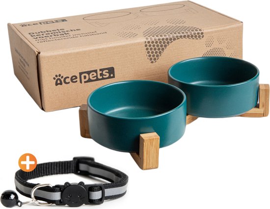 ACE Pets Keramische Voerbak Kat - Kattenvoerbakjes - Drinkbak kat - Eetbak kat - Waterbak kat - Groen - Met standaard - 2x 400ml