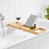 Uitschuifbaar houten dienblad badrek | Verstelbaar badblad, badkuiprek, antislip, badrek, premium badrek, badplank, badrek.