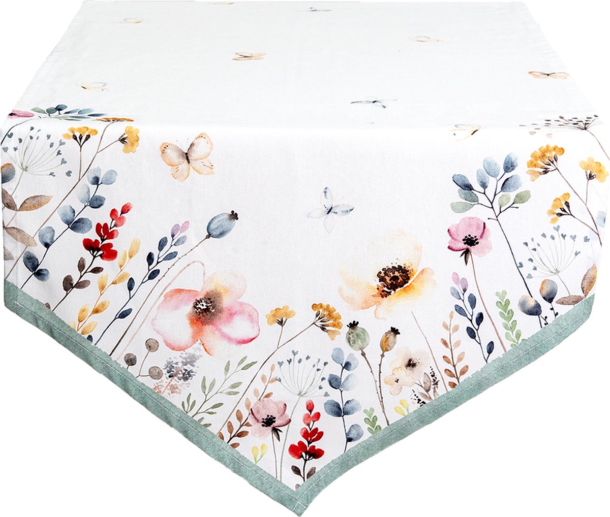 Clayre & Eef Tafelloper 50x160 cm Wit Groen Katoen Bloemen Tafelkleed