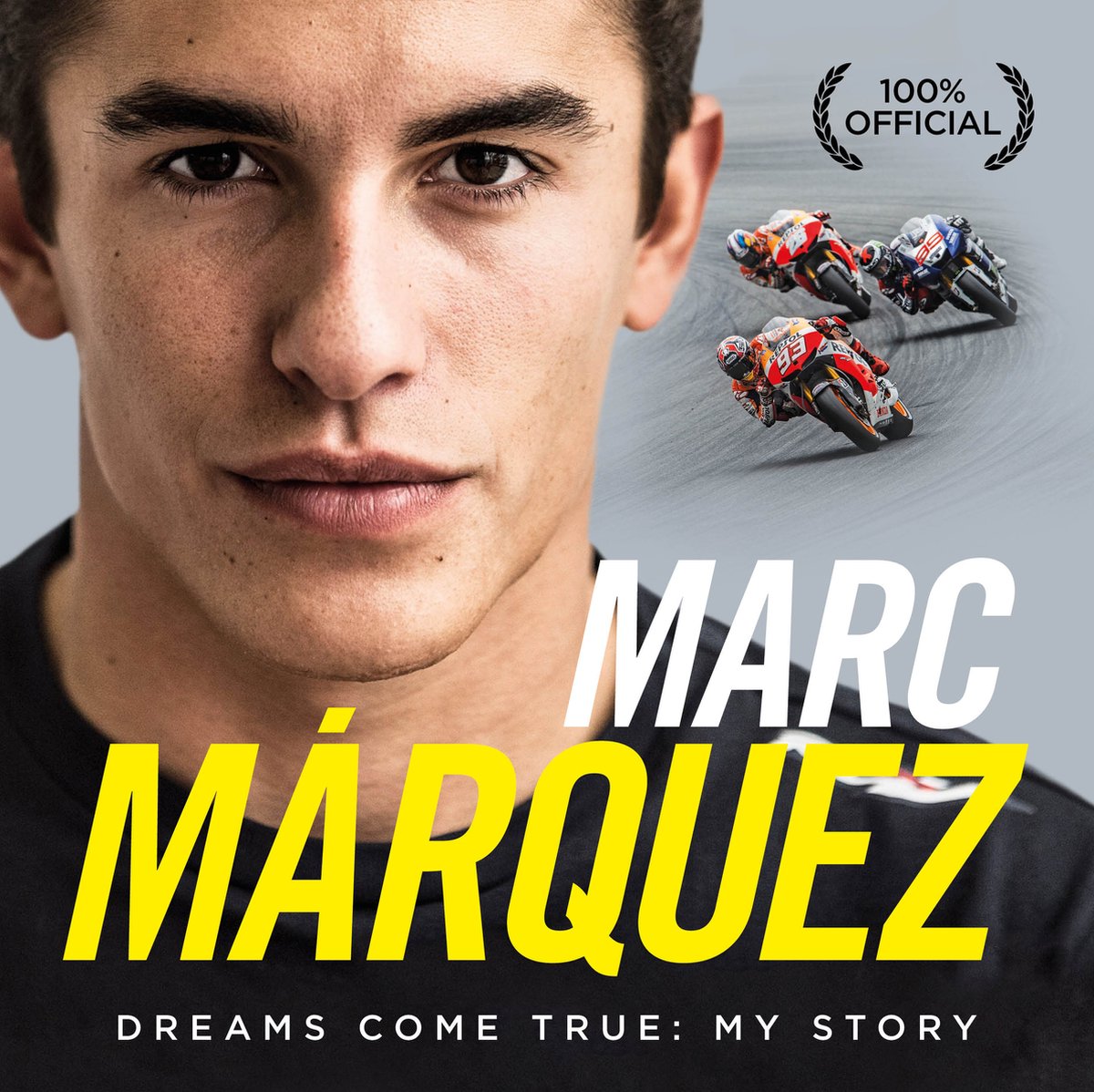 Close-up van Marc Marquez met op de achtergrond drie racefietsen en de tekst 'Marc Marquez Dreams Come True: My Story'.
