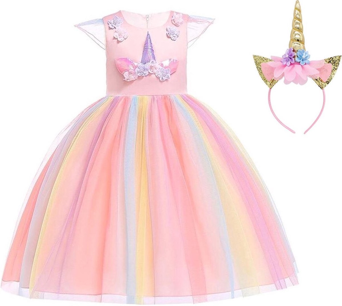 Joya Kids® Roze Eenhoorn Verkleed Jurk | Unicorn Jurk kostuum | Prinsessen jurk verkleedjurk + Haarband | Maat 146-152 (150) | Cadeau meisje — afbeelding 9