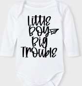 Baby Rompertje met tekst 'Little boy, big trouble' | Lange mouw l | wit zwart | maat 62/68 | cadeau | Kraamcadeau | Kraamkado