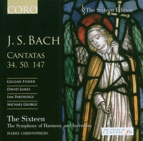 J.S. Bach Cantatas 34, 50, 147 met Gillian Fisher, David James, Ian Partridge, Michael George, The Sixteen. Stained glass engel met vleugels, in groen, rood en goud.