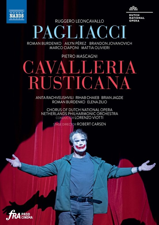 Poster met clowneske make-up en rode gordijnen. Boven staan 'Pagliacci' en 'Cavalleria Rusticana' met namen.