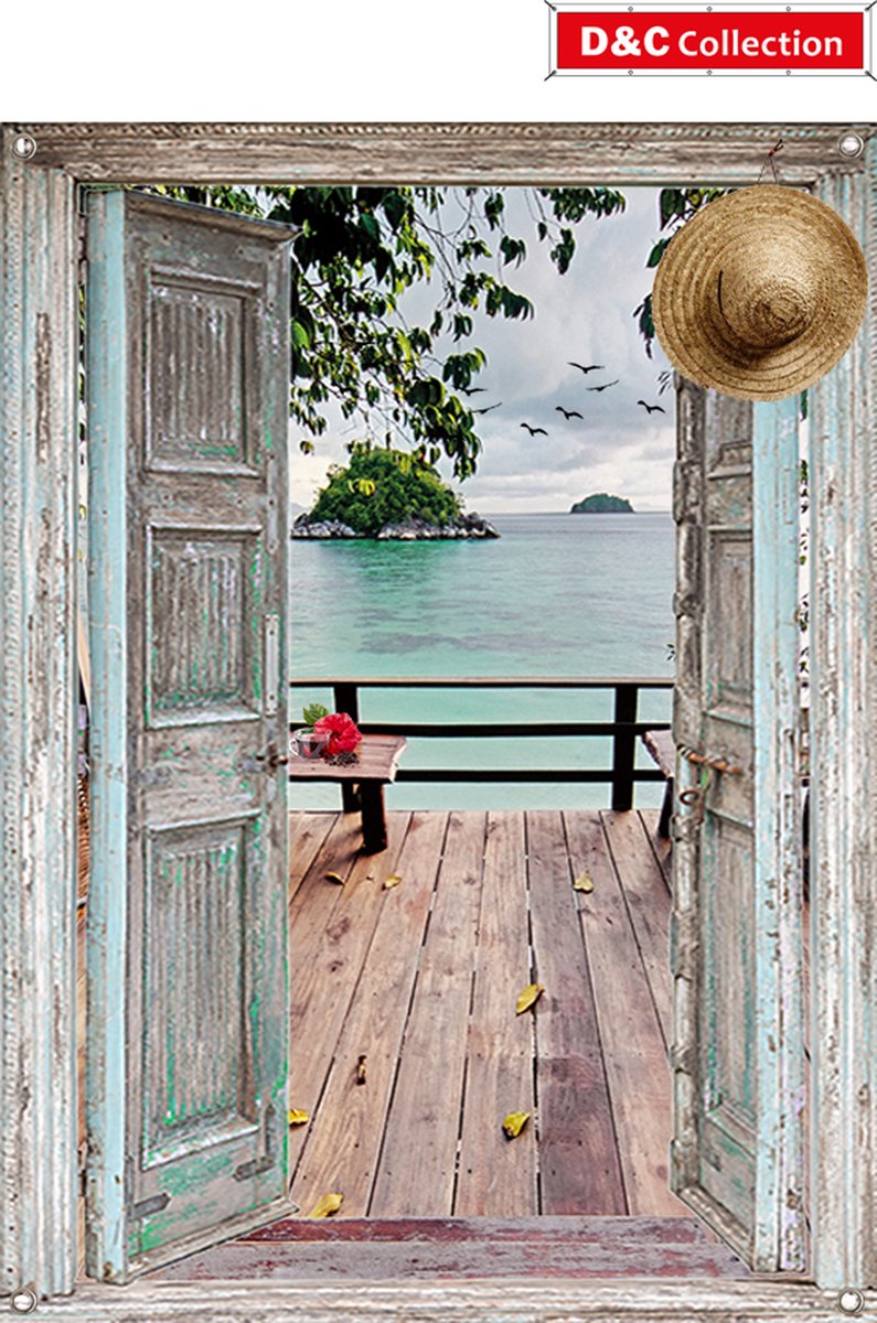 Doorkijk tuinposter - tuindoek - 65x90 cm - doorkijk - deuren - vlonderterras - hoed - hibiscus - tuin decoratie - tuinposters buiten - schuttingposter - tuinschilderij