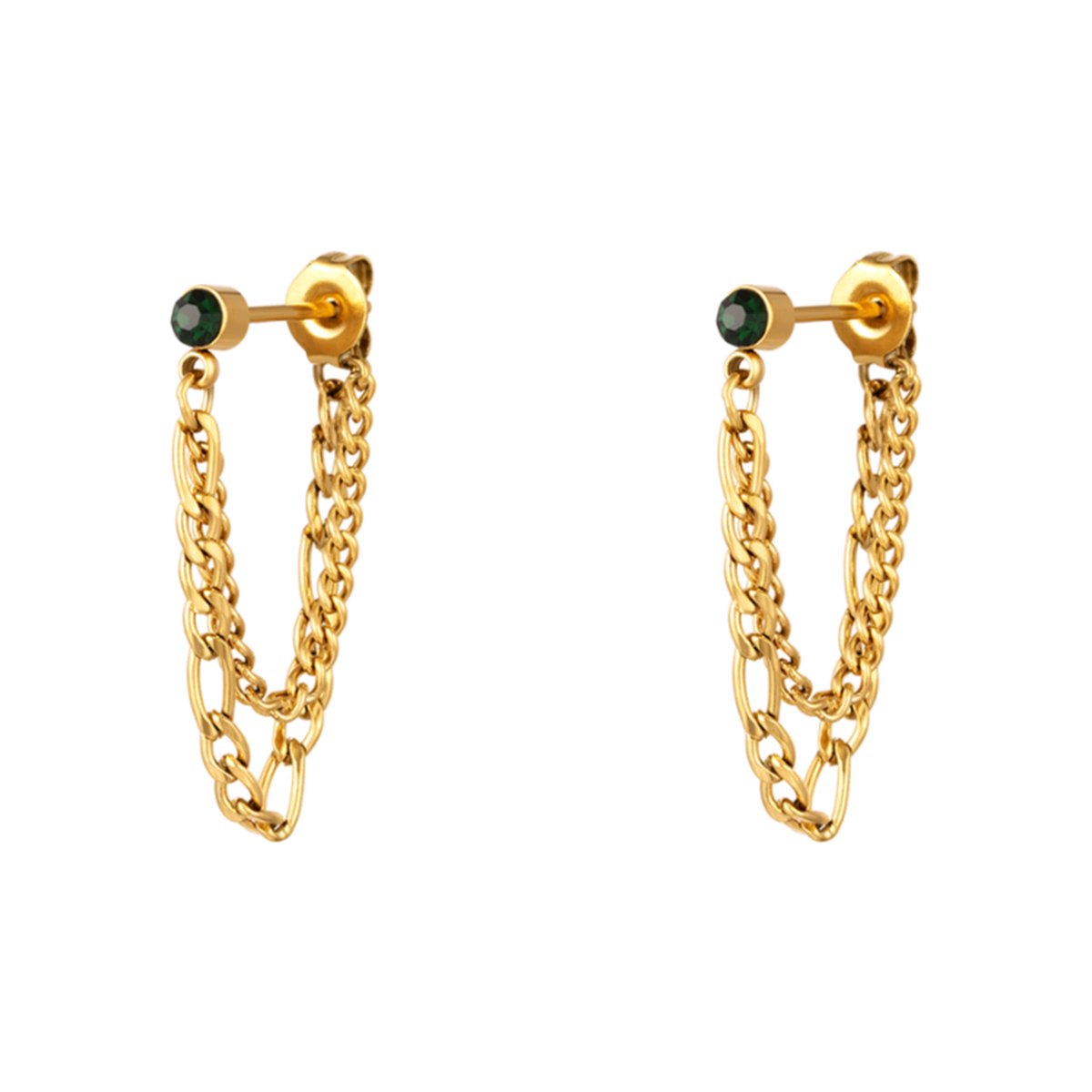 Yehwang - Oorbellen dubbele ketting - Goudkleurig - Groene Steen - Stainless Steel - Oorknopjes