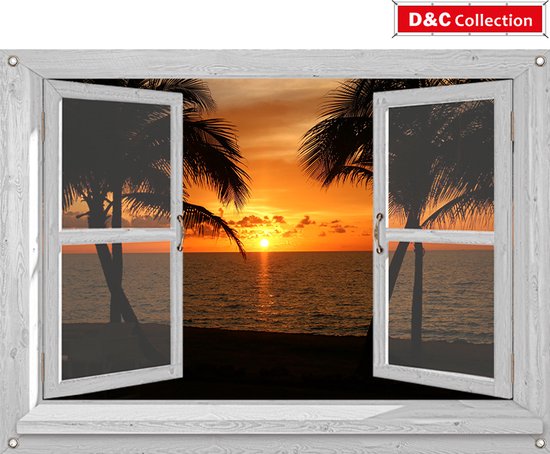 D&C Collection - tuinposter - 90x65 cm - doorkijk - wit luxe venster zonsondergang - palmen - tuin decoratie - tuinposters buiten - schuttingposter - tuindoek