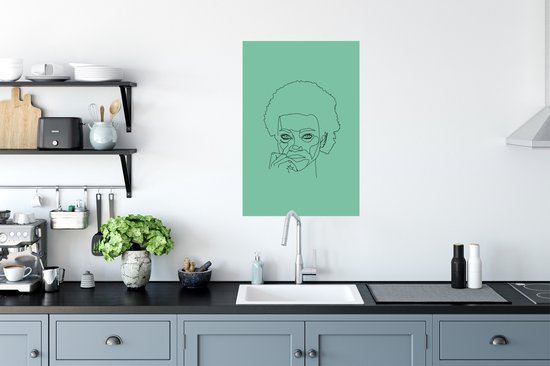 Femme Line art illustration avec AFRO un papier d'affiche de fond vert 40x60 cm - impression photo sur l' affiche (décoration murale salon / chambre à coucher)