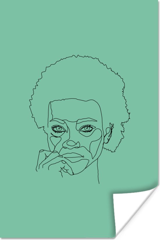 Femme Line art illustration avec AFRO un papier d'affiche de fond vert 40x60 cm - impression photo sur l' affiche (décoration murale salon / chambre à coucher)