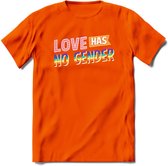 Love Has No Gender | Pride T-Shirt | Grappig LHBTIQ+ / LGBTQ / Gay / Homo / Lesbi Cadeau Shirt | Dames - Heren - Unisex | Tshirt Kleding Kado | - Oranje - S