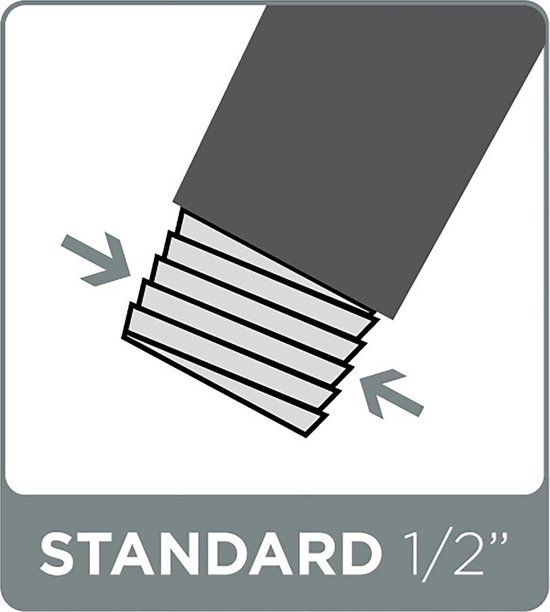 Illustratie van een schroefdraadaansluiting met pijl die de standaard 1/2" maat aangeeft.