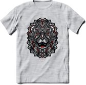 Leeuw - Dieren Mandala T-Shirt | Rood | Grappig Verjaardag Zentangle Dierenkop Cadeau Shirt | Dames - Heren - Unisex | Wildlife Tshirt Kleding Kado | - Licht Grijs - Gemaleerd - S