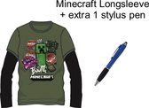 Minecraft T-shirt Longsleeve. Kleur Legergroen. Maat 140 cm / 10 jaar + EXTRA 1 Stylus Pen.