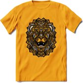 Leeuw - Dieren Mandala T-Shirt | Grijs | Grappig Verjaardag Zentangle Dierenkop Cadeau Shirt | Dames - Heren - Unisex | Wildlife Tshirt Kleding Kado | - Geel - 3XL