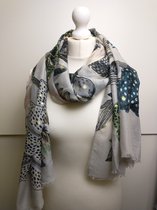 Lange dames sjaal Jasmine gebloemd motief grijs zwart blauw wit goud groen