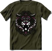 Tijger - Dieren Mandala T-Shirt | Roze | Grappig Verjaardag Zentangle Dierenkop Cadeau Shirt | Dames - Heren - Unisex | Wildlife Tshirt Kleding Kado | - Leger Groen - L