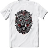 Wolf - Dieren Mandala T-Shirt | Rood | Grappig Verjaardag Zentangle Dierenkop Cadeau Shirt | Dames - Heren - Unisex | Wildlife Tshirt Kleding Kado | - Wit - 3XL