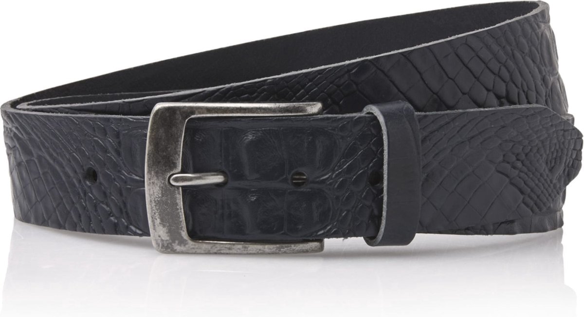 Timbelt 4cm donkerblauwe jeansriem met kroko print - 100 % leder - donkerblauwe riem - taillemaat 85 - totale lengte riem 100 cm