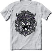 Tijger - Dieren Mandala T-Shirt | Paars | Grappig Verjaardag Zentangle Dierenkop Cadeau Shirt | Dames - Heren - Unisex | Wildlife Tshirt Kleding Kado | - Licht Grijs - Gemaleerd -