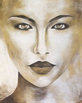 Schilderij- 170x210cm Wandkleed Vrouw Meisje Schilderij "Golden Girl" Gezicht Goud Bruin Gold  Handgeschilderd Acrylverf