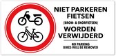 Geen fietsen plaatsen bord - fietsen worden verwijderd - zelfklevend - wit - 25 x 12 cm - tekstbord - verbodsbord