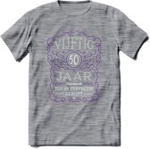 50 Jaar Legendarisch Gerijpt T-Shirt | Paars - Grijs | Grappig Verjaardag en Feest Cadeau Shirt | Dames - Heren - Unisex | Tshirt Kleding Kado | - Donker Grijs - Gemaleerd - M