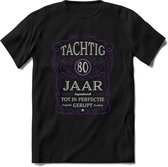 80 Jaar Legendarisch Gerijpt T-Shirt | Paars - Grijs | Grappig Verjaardag en Feest Cadeau Shirt | Dames - Heren - Unisex | Tshirt Kleding Kado | - Zwart - S