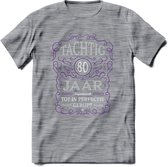 80 Jaar Legendarisch Gerijpt T-Shirt | Paars - Grijs | Grappig Verjaardag en Feest Cadeau Shirt | Dames - Heren - Unisex | Tshirt Kleding Kado | - Donker Grijs - Gemaleerd - M