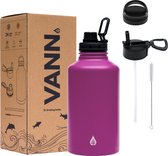 VANN® Waterfles 2 liter met rietje Waterjug volwassenen - Complete Set - RVS - 24uur koud/12 uur warm - Paars