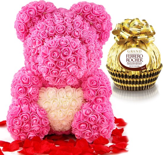 Rozen Beer - Rozen Teddybeer - Rozenbeer - Valentijnsdag  - Knuffelbeer - 40cm - Inclusief Luxe Giftbox - Ferrero Rocher Chocolade - Roze