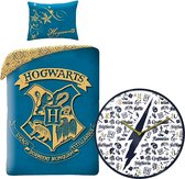 Harry Potter Dekbedovertrek- Katoen- 1persoons- 140x200- Dekbed Hogwarts Logo -Blauw, incl. Gryffindor wandklok 25cm