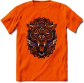 Wolf - Dieren Mandala T-Shirt | Paars | Grappig Verjaardag Zentangle Dierenkop Cadeau Shirt | Dames - Heren - Unisex | Wildlife Tshirt Kleding Kado | - Oranje - 3XL