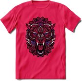 Wolf - Dieren Mandala T-Shirt | Paars | Grappig Verjaardag Zentangle Dierenkop Cadeau Shirt | Dames - Heren - Unisex | Wildlife Tshirt Kleding Kado | - Roze - XXL