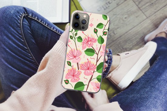 Coque iPhone 12 Pro Max - Bloem - Rose - Feuille - Motif - Coque de téléphone en Siliconen
