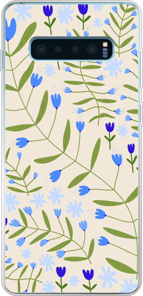 Telefoonhoesje Geschikt voor Samsung Galaxy S10 Plus hoesje - Bloem - Bladeren - Blauw - Siliconen Telefoonhoesje Telefoonhoesje