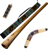 AT ''Dreamtime'' pakket: houten Didgeridoo 130cm - bag - houten boemerang 40cm - rainstick/ shaker 20cm