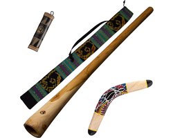 Dreamtime Didgeridoo Pakket – 130cm Hout met Boemerang, Rainstick & Tas