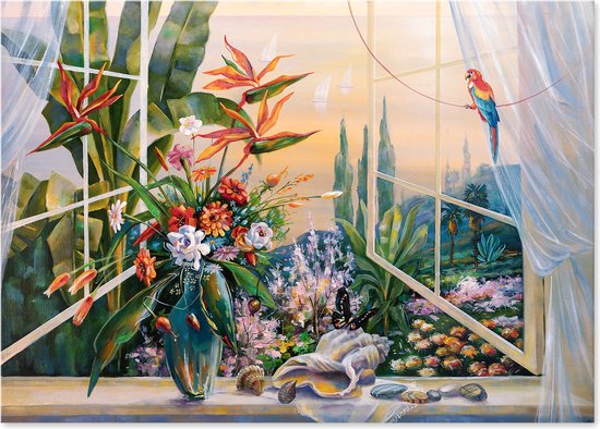 Graphic Message - Peinture sur toile - Fleurs dans la fenêtre - Vue sur la mer - Art bohème - Vogel