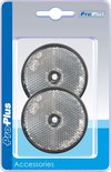 Verpakking met twee witte, ronde ProPlus reflectoren met rasterpatroon en schroefgat.