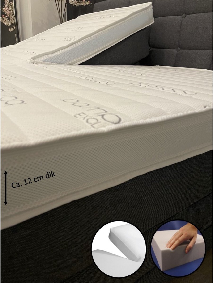 dreambedden Splittopper 200x200 - HARD - Hybride schuim - Bamboo Exclusive - ca. 12 cm dik - Anti Allergie - SPLIT wit