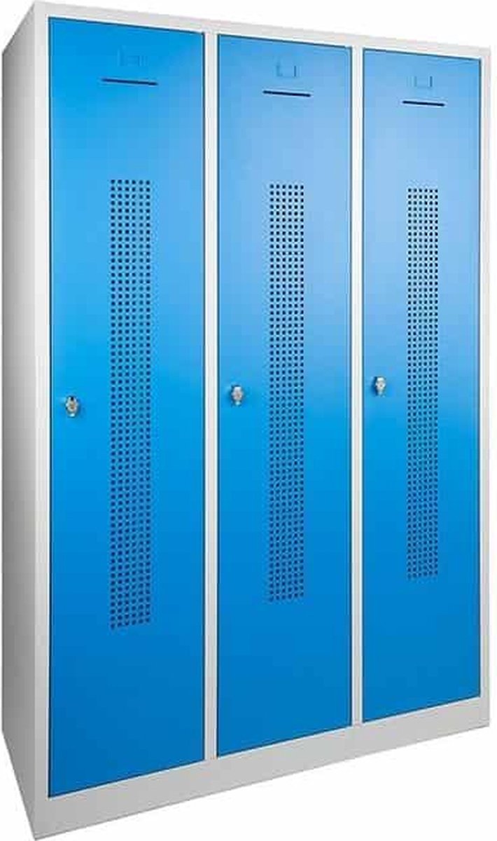 ABC Kantoormeubelen Garderobekast perfo deur breed 89CM .Sluiting Met sleutel en cilinderslot. Aantal deuren 3. Op de sokkel en kleur deur Blauw Licht grijs (Ral 7035)