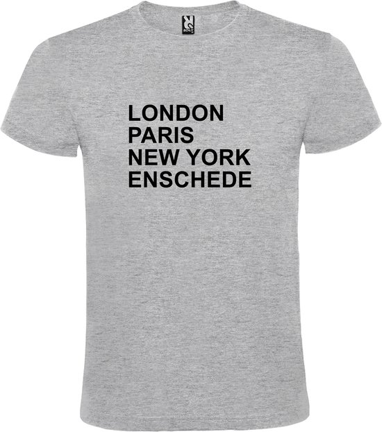 Grijs t-shirt met " London, Paris , New York, Enschede " print Zwart size L