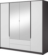 InspireMe-Kledingkast Garderobekast met planken en kledingstang - 2 laden, 4 deuren - (220cm -56,2cm- 204,4cm) - WIT -  SOFTY A 200 Grijs Grafiet + Wit - met een spiegel