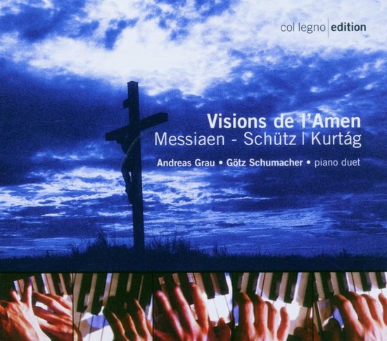 CD-hoes met een kruis en een pianotoetsenbord. "Visions de l'Amen Messiaen - Schütz | Kurtág".