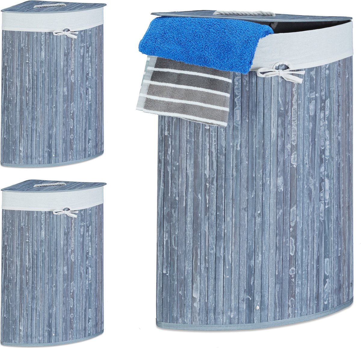 3x wasmand hoekmodel bamboe - 60 liter - deksel - wasbox - driehoekig - grijs