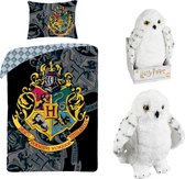 Harry Potter Dekbedovertrek- Katoen- 1persoons- 140x200- Dekbed Hogwarts Logo -Zwart, incl. Pluche Uil 28 cm- Hedwig.