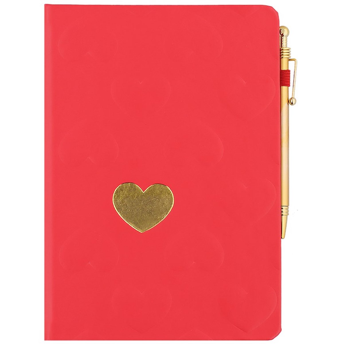 Notebook rood met hartjes en gouden pen gelijnd - Notitieboek A5 met 80 vel lijn van binnen